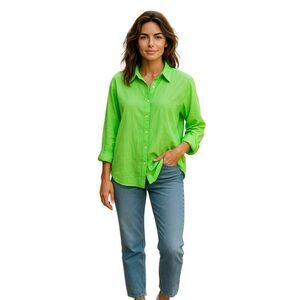 kiko Blouse  Women's Size L Green 100 % Cotton long sleeves  #320